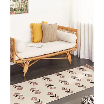 Koberec Kelimový koberec Béžová a černá bavlna 80 x 300 cm Nízký vlas vzor Obdélníkový oboustranný Moderní obývací pokoj Ložnice Beliani