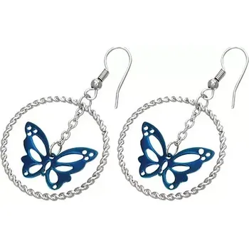 Náušnice Ocelové náušnice stříbrné barvy, modrý motýl v kruhu, háčky