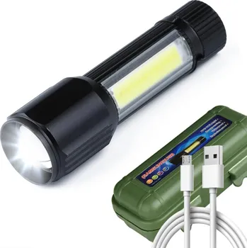 Svítilna Interlook TL-502 | Malá hliníková XPE Q5 CREE + COB LED taktická svítilna | funkce zoom, vestavěná dobíjecí baterie, micro USB kabel, přepravní pouzdro | 800lm, 3 režimy svícení