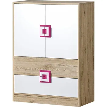 Komoda NIKOS 9- Komoda 80 (NICO 9) - bílá/dub světlý- úchyt růžová (DO) (K150-Z)