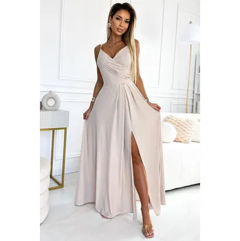 Dámské šaty 299-15 CHIARA elegantní maxi dlouhé šaty bez ramínek - béžové s brokátem XXL