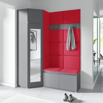 Předsíňová stěna Rohová předsíňová stěna Emi 37 - šedá grafit Barva čalounění: Červená - Trinity 09