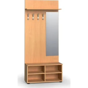 Věšák B2B Partner Věšáková stěna s botníkem a zrcadlem PRIMO WOOD, 4 háčky, police, léta svisle, buk