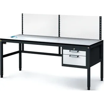 Dílenský stůl Alfa 3 Antistatický dílenský ESD stůl s perfopanelem, 2 zásuvkový box na nářadí, 1800x800x745-985 mm