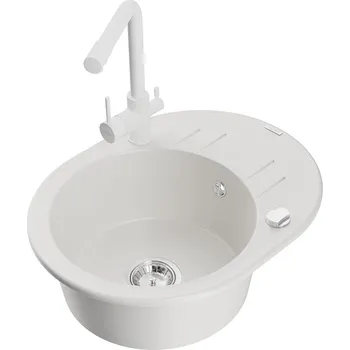 Mexen Kevin 1-miskový granit dřez s odkapem a baterií Duero, bílá 6517-20-671600-20