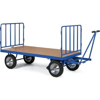 Stavebniny B2B Partner Plošinový vozík s ojí, 2x mřížové bočnice, 1000x2000 mm, 1500 kg, plná kola