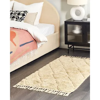 Koberec Koberec Béžová Bavlna 80 x 150 cm Geometrický vzor Tkaný ručně všívaný huňatý se střapci Obývací pokoj Ložnice Boho Beliani