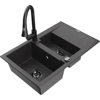 Granitový dřez Mexen Gaspar granitový dřez 1,5-komorový s odkapávačem a kuchyňská baterie Elia, černý skvrnitý - 6507-76-670101-70-B Granitové dřezy s baterií
