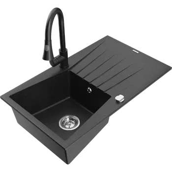 Granitový dřez Mexen Cesar žulový dřez s 1 komorou s odkapávačem a kuchyňskou baterií Elia, černý/stříbrný metalík - 6514-73-670101-70 Granitové dřezy s baterií