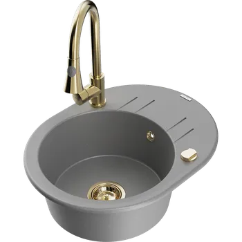 Granitový dřez Mexen Kevin granitový dřez 1-komorový s odkapávačem a kuchyňskou baterií Elia, šedý - 6517-71-670101-50 Granitové dřezy s baterií