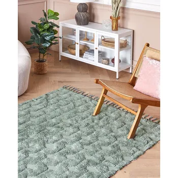 Koberec Koberec Zelená Bavlna 140 x 200 cm Geometrický vzor Tkaný ručně všívaný Huňatý se střapci Obývací pokoj Ložnice Boho Beliani