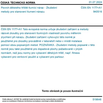 ČSN EN 1177+A1 - Povrch dětského hřiště tlumící náraz - Zkušební metody pro stanovení tlumení nárazu - Tisk