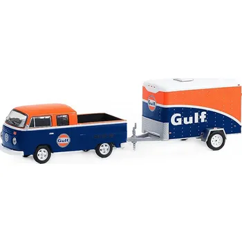 autíčko Volkswagen T2 Double Cab Pick-up + přivěs Gulf 1:64 Volkswagen T2 Type 2 Double Cab Pick-Up + malý nákladní přívěs ( small cargo trailer ) - kovový model 1/64