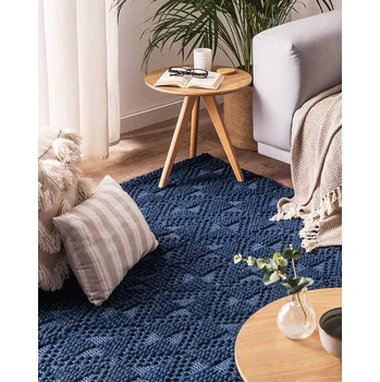 Koberec koberec Modrý vlněný 140 x 200 cm, geometrický vzor, ​​ručně tkaný, moderní styl Beliani