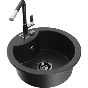 Granitový dřez Mexen Diego granitový dřez s 1 komorou a kuchyňskou baterií Flora, černý/zlatý metalik - 6512-75-670401-07-B Granitové dřezy s baterií