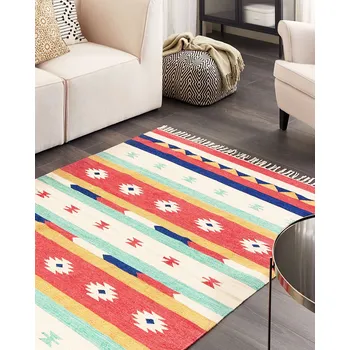 Koberec Kelimový koberec vícebarevný bavlněný 140 x 200 cm ručně tkaný geometrický vzor oboustranný s třásněmi obývací pokoj ložnice Beliani