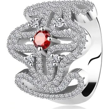 Prsten Masivní prsten, stříbro 925, červený zirkonek, rozsáhlý ornament - kříž - Velikost: 51