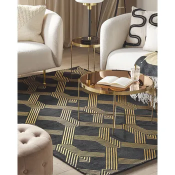 Koberec Koberec černý se zlatým geometrickým vzorem Viskóza s bavlnou 160 x 230 cm ručně tkaný Styl Moderní Glamour Beliani