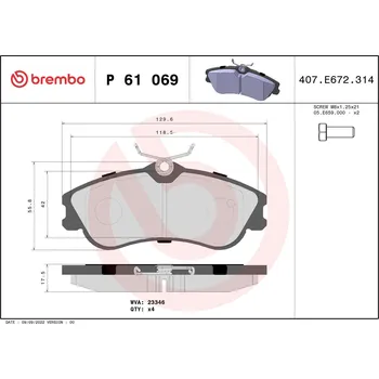 Brzdová destička Sada brzdových destiček, kotoučová brzda BREMBO P 61 069