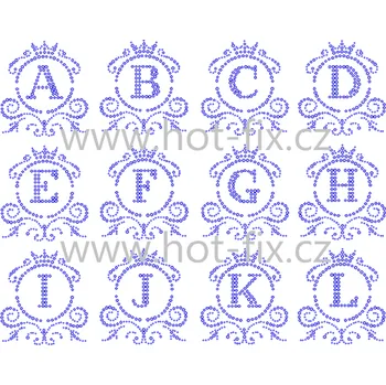FM010 - monogramy - písmena abecedy A-L, nažehlovací hot-fix kamínková aplikace na textil, rozměry cca 8,8x9,7cm barva kamenů - písmena: broušené kameny barva 101 Crystal /stříbrná, písmeno: písmeno L