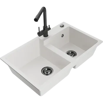 Granitový dřez Mexen Tomas dvoukomorový žulový dřez s kuchyňskou baterií Duero, bílý - 6516-20-671600-70 Granitové dřezy s baterií