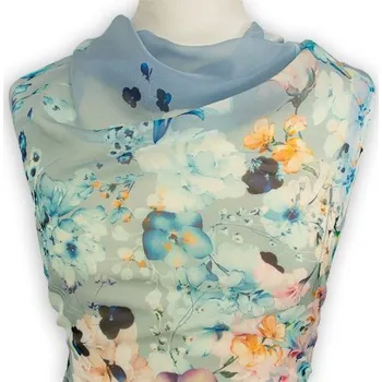 Šifon na šaty MODRÁ S KVĚTY A BORDURA N6568 - látka na šaty - Modrá květy, 145 cm