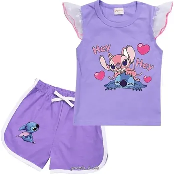 Dívčí letní set - tričko + kraťasy s motivem Lilo & Stitch (řasené rukávky) Barva: Fialová, Velikost: 150 (11-12 let)