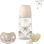 Suavinex Sada láhev 270 ml S + dudlík fyziologický 0/6 m + klip Joy, krémová