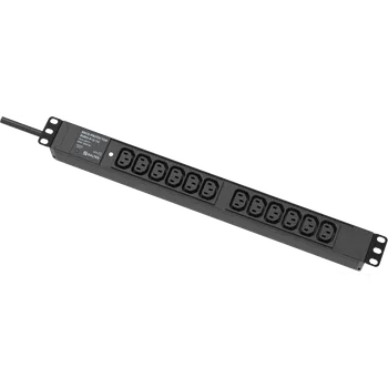 Elektrická zásuvka vícenásobná zásuvka s přepěťovou ochranou SPD typu 3 pro montáž do 19" stojanů, přívodní kabel 3 m, 12 EURO zásuvek, výška 1U