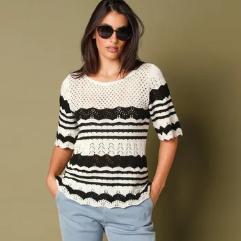 Dámský svetr Blancheporte Pruhovaný ažurový pulovr režná/černá 34/36