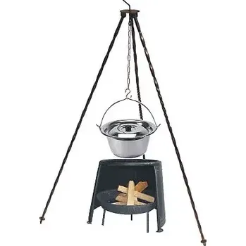 Kempingové nádobí Trojnožka 1,25 m, kotlík nerez 13 l s poklicí, ohniště a závětří 33 (trojnožka 1,25 m s řetízkem a háčkem, kotlík s poklicí nerezový Klasik 13 L, závětří a ohniště)