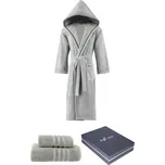 Pánský župan STRIPE + ručník + osuška + dárkový box - Šedá, L + ručník + osuška + box, Soft Cotton