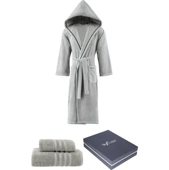 Pánský župan Pánský župan STRIPE + ručník + osuška + dárkový box - Šedá, L + ručník + osuška + box, Soft Cotton