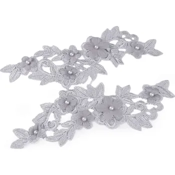 Gadget Krajková aplikace / vsadka s perlou 3D 8x24 cm - šedá 2 ks