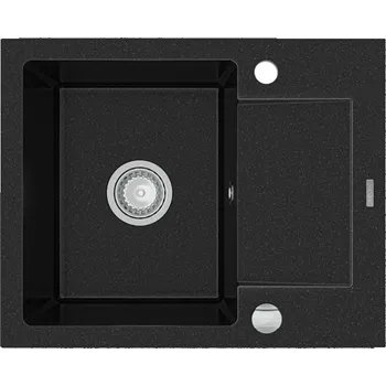 Granitový dřez MEXEN - Enzo granitový dřez 1-mísa dřez s vypouštěním krátký odkapávač 576x465 mm, černá / stříbrná metalíza 6506571005-73 MEXEN