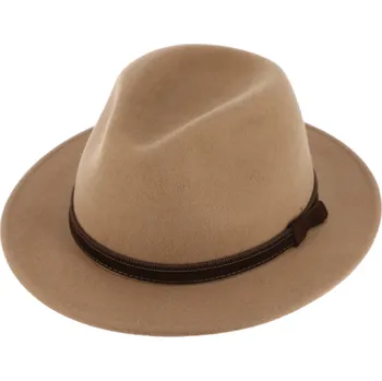 Klobouk Fiebig - Headwear since 1903 Cestovní voděodolný klobouk vlněný od Fiebig s menší krempou - béžový s koženou stuhou Velikost: 59 cm (L)