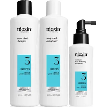 Kosmetická sada Nioxin System 3 Nioxin System 3 Scalp + Hair Shampoo čisticí šampon pro barvené řídnoucí vlasy 150 ml + Nioxin System 3 Scalp + Hair Shampoo kondicionér pro barvené řídnoucí vlasy 150 ml + Nioxin System 3 Scalp + Hair Thickening Treatment bezoplachová péč