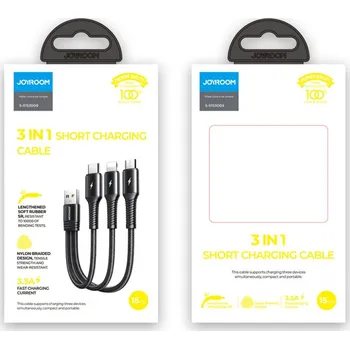 JOYROOM S-01530G9 0.15M 3.5A USB to Lightning+Type-C+Micro Charging Cable Black CE/ROHS Certified