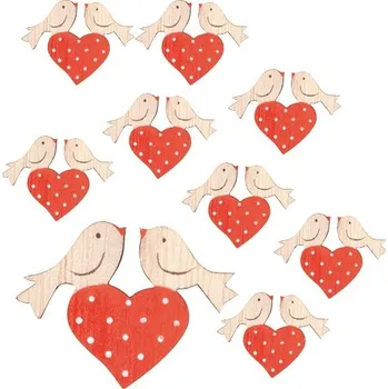 Svatební dekorace Anděl Přerov, s.ro. Srdíčko s ptáčky s lepíkem dřevěné 4 cm, 24 ks