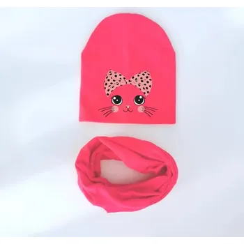 Kojenecká čepice Podzimní (jarní) kojenecký a dětský set čepice a nákrčník (Meow - kočička) Barva: Rose, Velikost: 1-3 roky