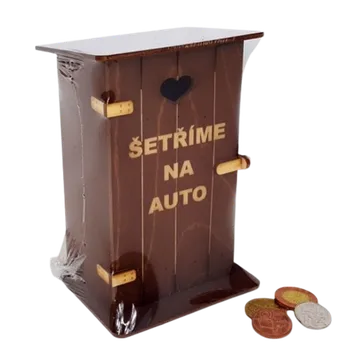 Pokladnička Pokladna kadibudka dřevěná tmavá s nápisem Šetříme na auto - 11 x 9 x 17 cm