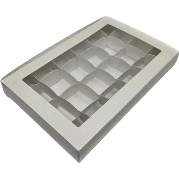 Dárková krabička Krabička na pralinky s mřížkou a průhledným okénkem- bílá kůže 24x16x3 cm