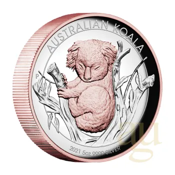 5 uncí stříbrná mince Austrálie Koala 2021 - High Relief - leštěná deska - rosè vergoldet