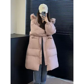 Dámská bunda Dlouhá péřovka zimní bunda s kožíškem Barva: Růžová, Velikost: ONE SIZE