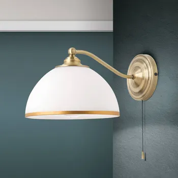 Lampička Orion Nástěnné světlo Old Lamp s tahovým vypínačem - nástěnný držák - vyložení 2 cm, Ø 12 cm stará mosaz, opálová matná, zlatá matná 1 x 40 W - Doprava zdarma