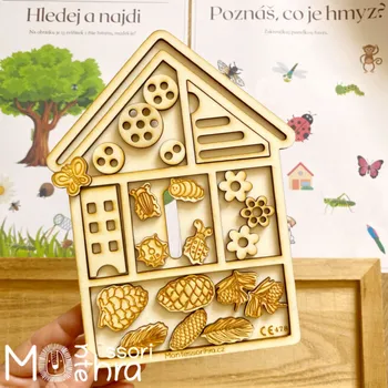 Dřevěná hračka Montessorihra - Hmyzí domeček-multi tác pro smyslové hraní