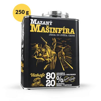 Nápoj Fixi Coffee Vlakafe – Mazaný mašinfíra – dárkové balení kávy zrnková / stylový plechový kanystr / 250 g