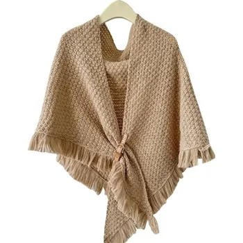 Šála Zimní pletený šál s koženou sponou | elegantní teplý šátek - Kaki