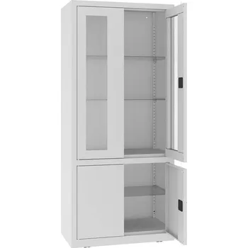 Kovová skříň, horní dveře prosklené, dolní plné, kovové police, dvoukřídlé dveře, š x h x v: 800x435x1800 mm, barva šedá RAL7035