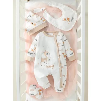 Kojenecká souprava 4-dílná kojenecká souprava (overal, čepička, rukavičky, bryndák) Varianta: béžová s kolouškem, Velikost: 3-6 měsíců
